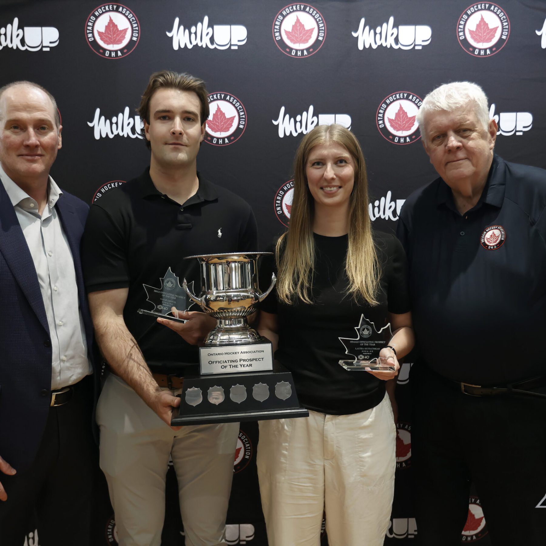 Ontario Hockey Assocaition Awards and Annual General Meeting CAMBRIDGE, ON - JUNE 7: Officiating Prospect of the Year (male & female) Gage Argue and Laura Gutauskas Ontario Hockey Association Awards and Annual General Meeting at the Cambridge Centre of the Arts - Toyota Auditorium  on June 7, 2025 in Ontario, Canada (Photo by Tim Bates / OJHL Images)